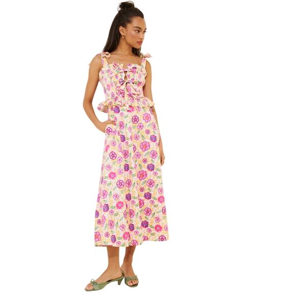 Celia B Turpan Pink Floral Smocked Tie Front Ruffle Midi Dress - Picture 5 of 7